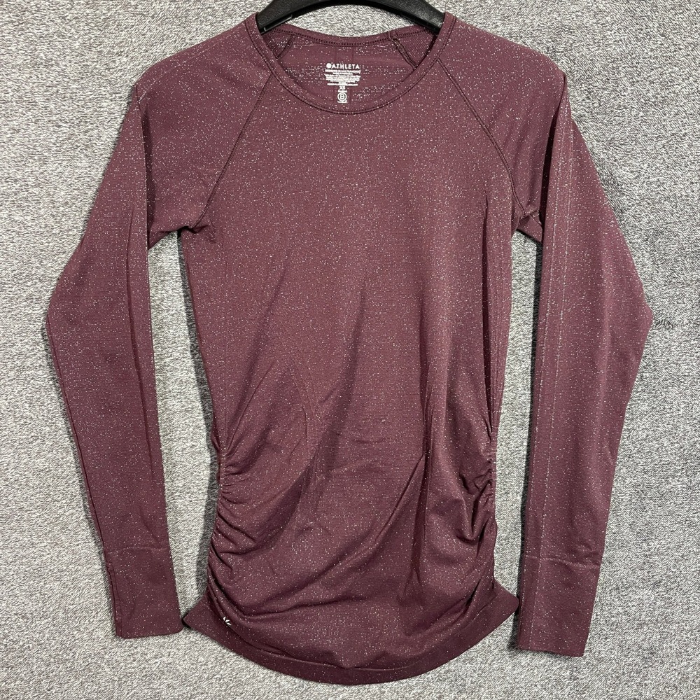 Athleta Shirt Momentum Shimmer Long Sleeve XS Burgundy Ruched‎ Thumbholes